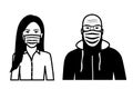 Set of black and white front view vector icons of a bearded man and an asian woman wearing protective face mask - covid-19