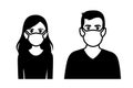 Set of black and white front view vector icons of a man and a woman wearing protective face mask  - covid-19 safety measures Royalty Free Stock Photo