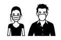 Set of black and white front view vector icons of a man and a woman wearing protective face mask - covid-19 safety measures Royalty Free Stock Photo