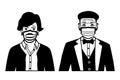 Set of black and white front view vector icons of stylish old man and a woman wearing protective face mask - covid-19 Royalty Free Stock Photo