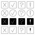 set of black and white handwritten question marks, exclamation marks, done, cancellation isolated on a white background, graphics