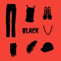 set of black and white icons of clothes and accessories on a red background