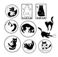 Set of black and white icons, stickers, cards with funny cats and kittens. Vector design elements