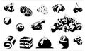 Set of black and white icons on a white background. Vector sketch of sweets, sketch of berries, fruits, marshmallows, chocolate