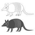 Set of black and white illustration with an armadillo. Isolated vector objects.