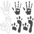 Set of black and white illustration with print of alien hand and feet. Isolated vector objects.