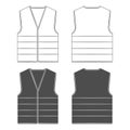 Set of black and white illustration with protective vest with reflective stripes. Isolated vector objects.