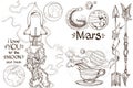 Set of black and white illustration on space theme. Spaceship, planet Mars, arrows Royalty Free Stock Photo