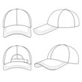 Set of black and white illustrations with a baseball cap. Isolated vector objects.