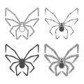 Set of black and white illustrations with butterfly shaped spider. Isolated vector objects. Royalty Free Stock Photo