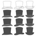 Set of black and white illustrations with classic top hat. Isolated vector objects. Royalty Free Stock Photo