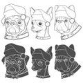 Set of black and white illustrations of cute dogs in Christmas hats. Royalty Free Stock Photo