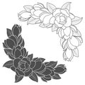 Set of black and white illustrations of flowering magnolia branches. Isolated vector objects.