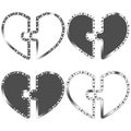 Set of black and white illustrations with heart sign made from puzzle pieces. Isolated vector objects. Royalty Free Stock Photo