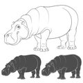 Set of black and white illustrations with a hippopotamus. Isolated vector objects. Royalty Free Stock Photo