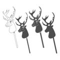 Set of black and white illustrations with hobby horse deer toy on stick. Isolated vector objects.