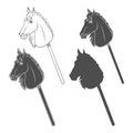 Set of black and white illustrations with hobby horse toy on stick. Isolated vector objects.