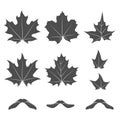 Set of black and white illustrations with maple leaves and seeds. Isolated vector objects. Royalty Free Stock Photo