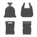 Set of black and white illustrations with plastic packages, bags. Isolated vector objects.