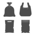 Set of black and white illustrations with plastic packages, bags. Isolated vector objects.