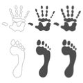 Set of black and white illustrations with prints of hands and feet. Isolated vector objects. Royalty Free Stock Photo