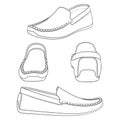 Set of black and white illustrations with shoes, moccasins. Isolated vector objects.