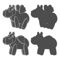 Set of black and white illustrations, silhouettes with a toy hippo with wings. Isolated vector objects.