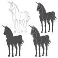 Set of black and white illustrations with a unicorn. Isolated vector objects.