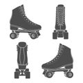 Set of black and white images with rollers, roller quads. Isolated vector objects.