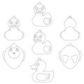 Set of black and white images with a toy duck in different angles. Isolated vector objects. Royalty Free Stock Photo