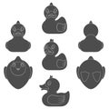 Set of black and white images with a toy duck. Isolated vector objects. Royalty Free Stock Photo