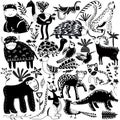 Set of black and white jungle animals and exotic tropical leaves. African animals, parrots, leopard, bison, turtle