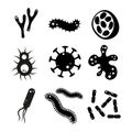 Set of microbes from different form and types on white background. Vector illustration of icons bacteria, germs and viruses in Royalty Free Stock Photo