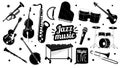 Set Of Black and White Musical Jazz Instruments Saxophone, Trumpet, Piano, Double Bass, Drum Kit, And Clarinet, Banjo