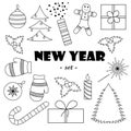 Set of black-and-white New Year`s elements.