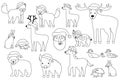 Set of black white outline Christmas animals in Santa hats, Santa Claus happy face. Cartoon isolated vector fox wolf bear bear cub Royalty Free Stock Photo