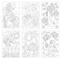 Set of black and white pages for baby coloring book. Drawings of nature, animals and fairy tales views.