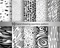 Set of black and white patterns with handwritten lines, doodles, marker wavy lines and spirals and dots. Different Royalty Free Stock Photo