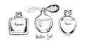 Set with black and white perfume bottles in sketch style isolated on white background. Vector illustration. hand drawing Royalty Free Stock Photo