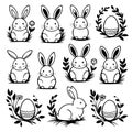 A set of black and white rabbits sitting on grass with flowers and an egg Royalty Free Stock Photo
