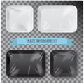 Set of Black and White Rectangle Styrofoam Plastic Food Tray Container. Vector Mock Up Template