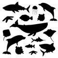 Set of black white silhouette vector cartoon ocean sea shape animals. Whale, dolphin, shark, stingray, jellyfish, fish Royalty Free Stock Photo