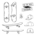 Set of black and white skateboards and caps. For labels, logos, icons. Attributes of skateboarding. Skate set with caps