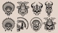 Set of black and white skulls in warriors helmets.