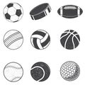Set of black and white Sports Balls. Vector Illustration. Set include soccer, backetball, volleyball, baseball, cricket Royalty Free Stock Photo