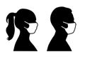 Set of black and white vector icons of a man and a woman wearing protective face mask - covid-19 safety measures, restriction Royalty Free Stock Photo