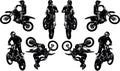 A set of black and white vector images of motorcyclists performing extreme stunts in the discipline of motofreestyle