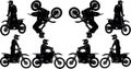 A set of black and white vector images of motorcyclists performing extreme stunts in the discipline of motofreestyle