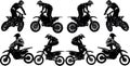 A set of black and white vector images of motorcyclists performing extreme stunts in the discipline of motofreestyle