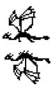 Set of black and white outline pixel dragons isolated on white.